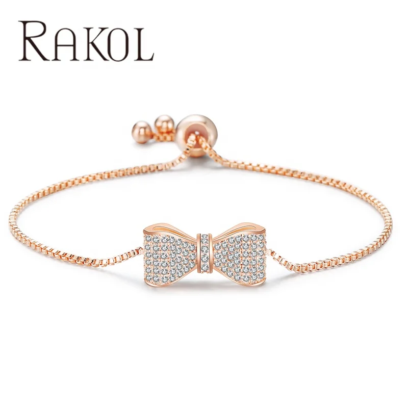 RAKOL BP2034 New Fashion real 18k gold plated AAA zircon bowknot bridal wedding charm bracelet jewelry for women free shipping
