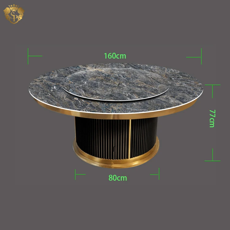 Titanium round metal base glass top dining table wet shiny custom classic 8 seater italian marble look rotating dining table
