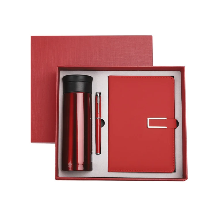 Manufacture high end A5 leather notebook with vacuum cup and pen for business gift set