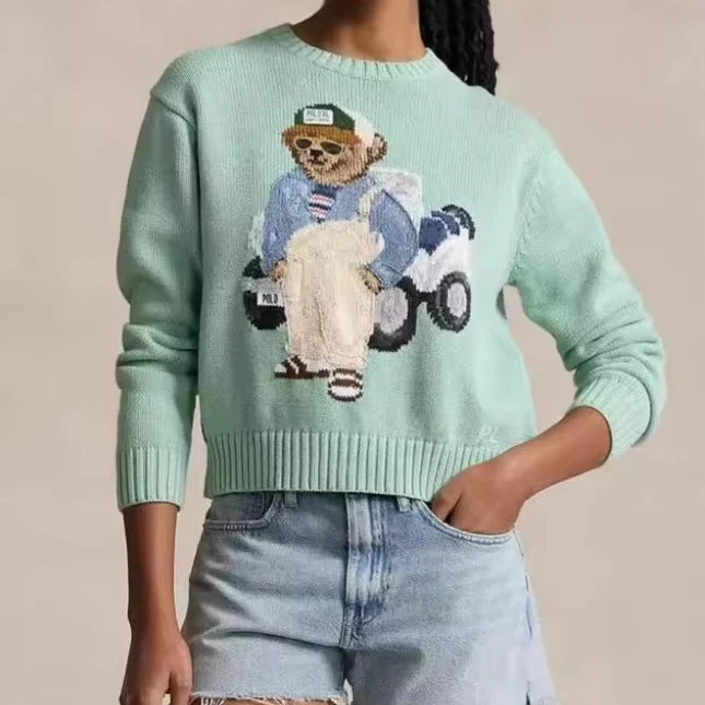 2024 Autumn New RL Intarsia Retro Mint Color Loose Cotton Cartoon Bear Embroidered Knitted Sweater