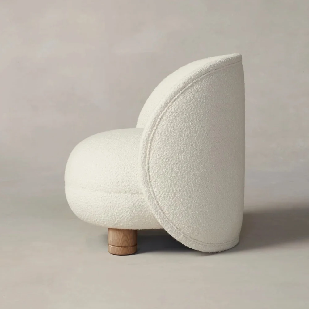 2024 Modern White Boucle Fabric Accent Barrel Chair Solid Wood Legs Sherpa Lounge Armchair