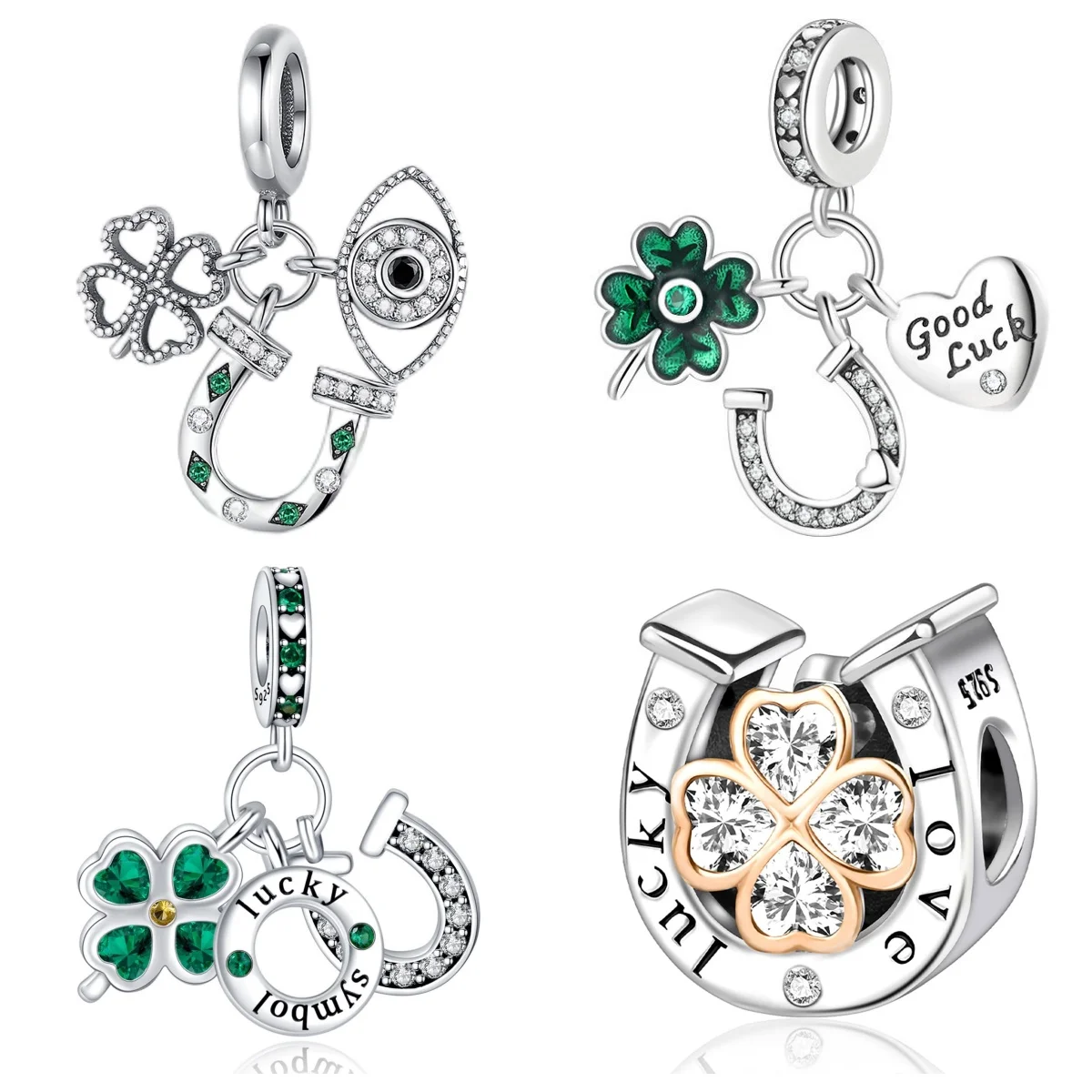 Fashion Real 925 Silver Zircon Charms Horseshoe Pendant Four Leaf Clover Lucky Charm Beads for Necklace Bracelet Making Jewelry