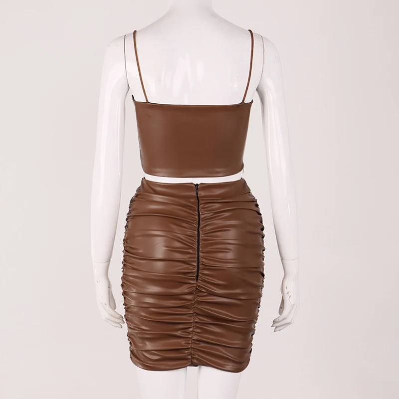 
2021 New Arrivals PU Leather Shorts Skirts Sets Women Backless Sexy Club Outfits High Waist Back Zipper Bodycon Skirts 2 Piece 
