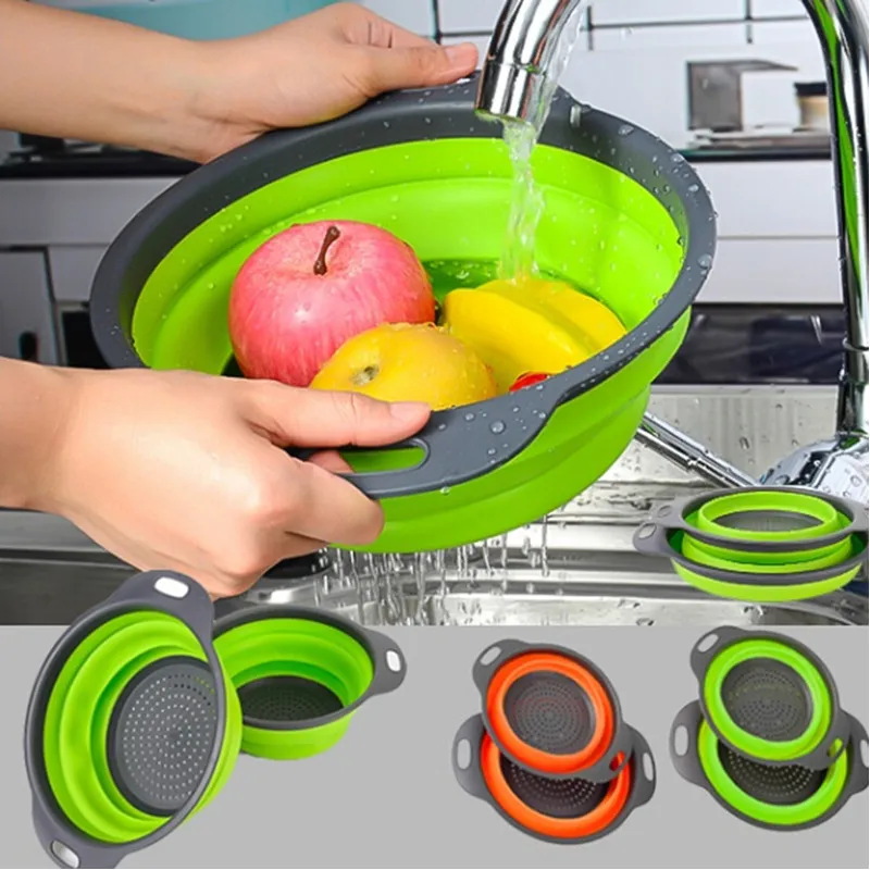 Collapsible Foldable kitchen rice strainer adjustable silicon collapsible bowl plastic strainer colanders set with hand