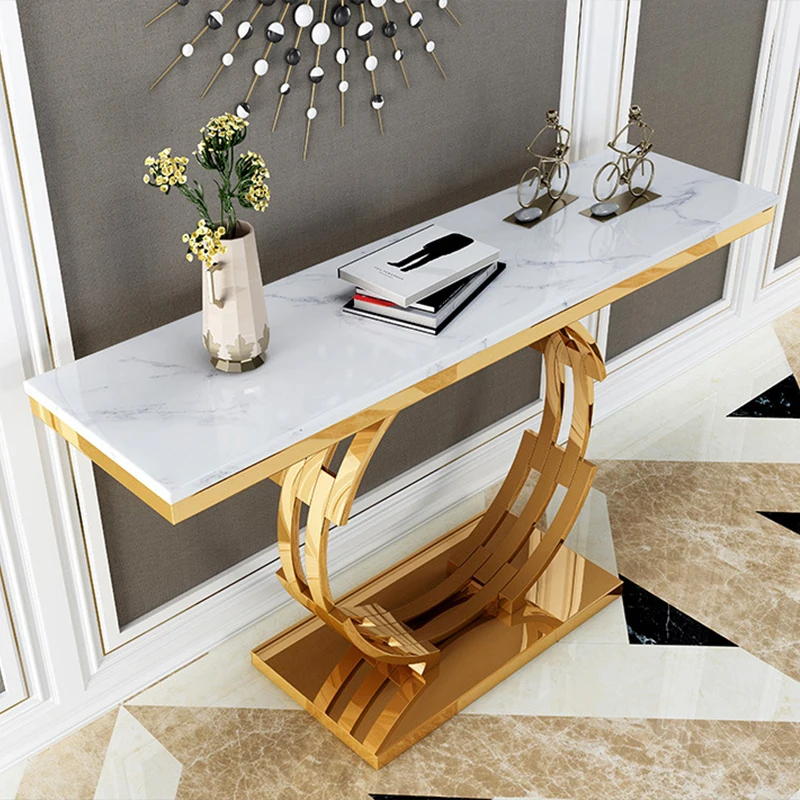 Luxury Modern Furniture Living Room Entryway Side Gold Metal Slimline Square White Marble Mirror Console Table For Living Room