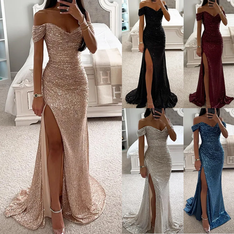 European And American New Party Sequin One Line Neck Split Wedding Guest Dresses Collar Slit Ins Casual Fashion Dress For Women