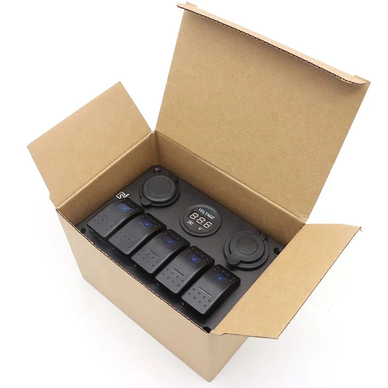 WattBons 5 Gang Marine Rocker Switch Panel with QC 3.0 Type C PD Car Dual USB Charger and Power Socket Voltmeter On off Switch