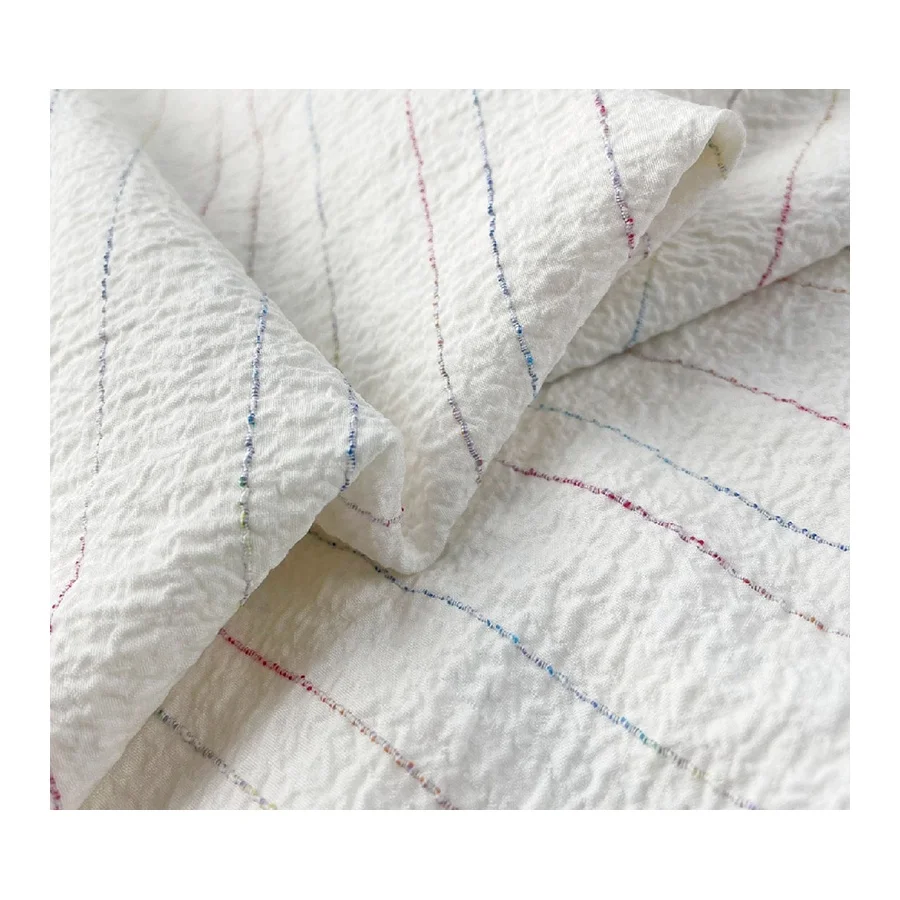 Fancy Summer Fabric Space-dyed Yarn Stripe 140g Rayon Polyester Metallic Spandex Stretch Crinkle