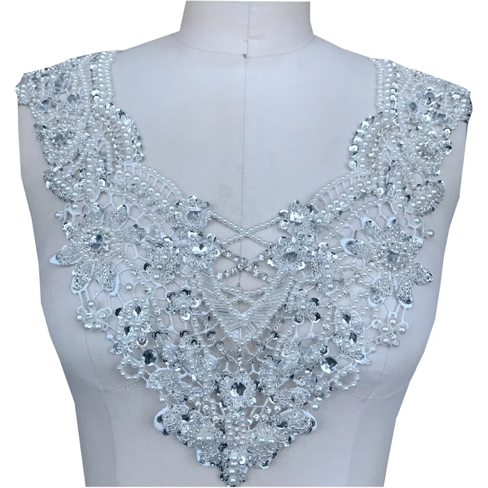 Crystal wedding applique sew on bridal pearl beads dress bodice rhinestone