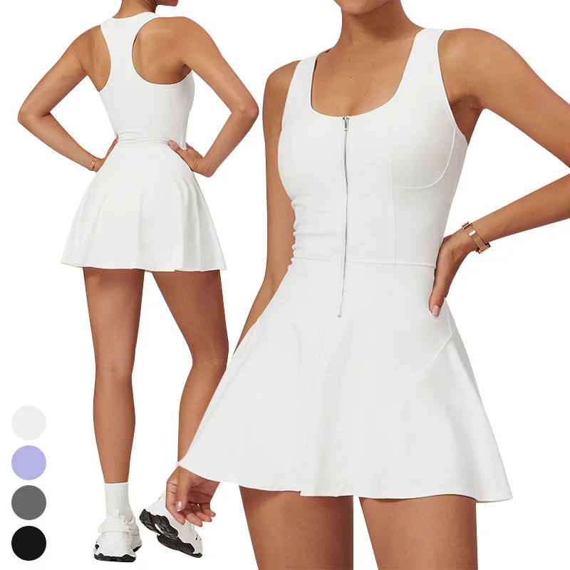 Running Dresses Half Zipper Racer Back Sports Dress Bottoming Shorts 2 Piece Set Fitness Wear Golf Skirt Tennis Dress For Women