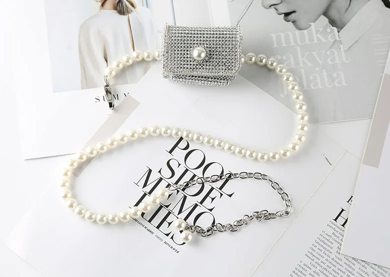 Wholesale decorative ladies women rhinestone waist bag pearl chain belt