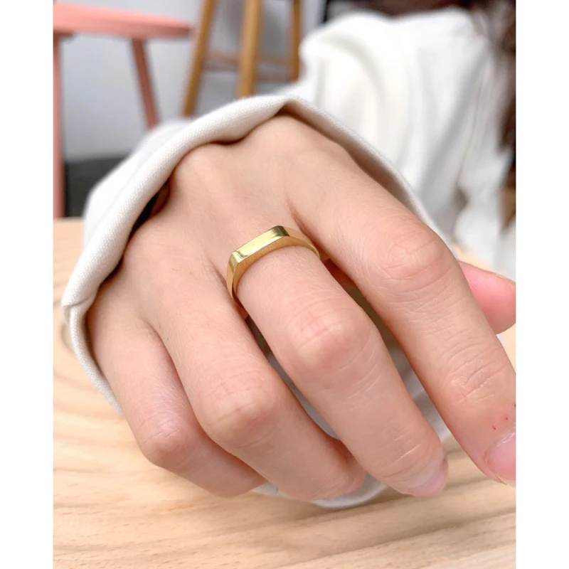 2 Designs Thin Square Stamp Finger Ring Matte Gold Plated Circle Geometric Rings Women Minimalist Stainless Steel Fine Jewellery