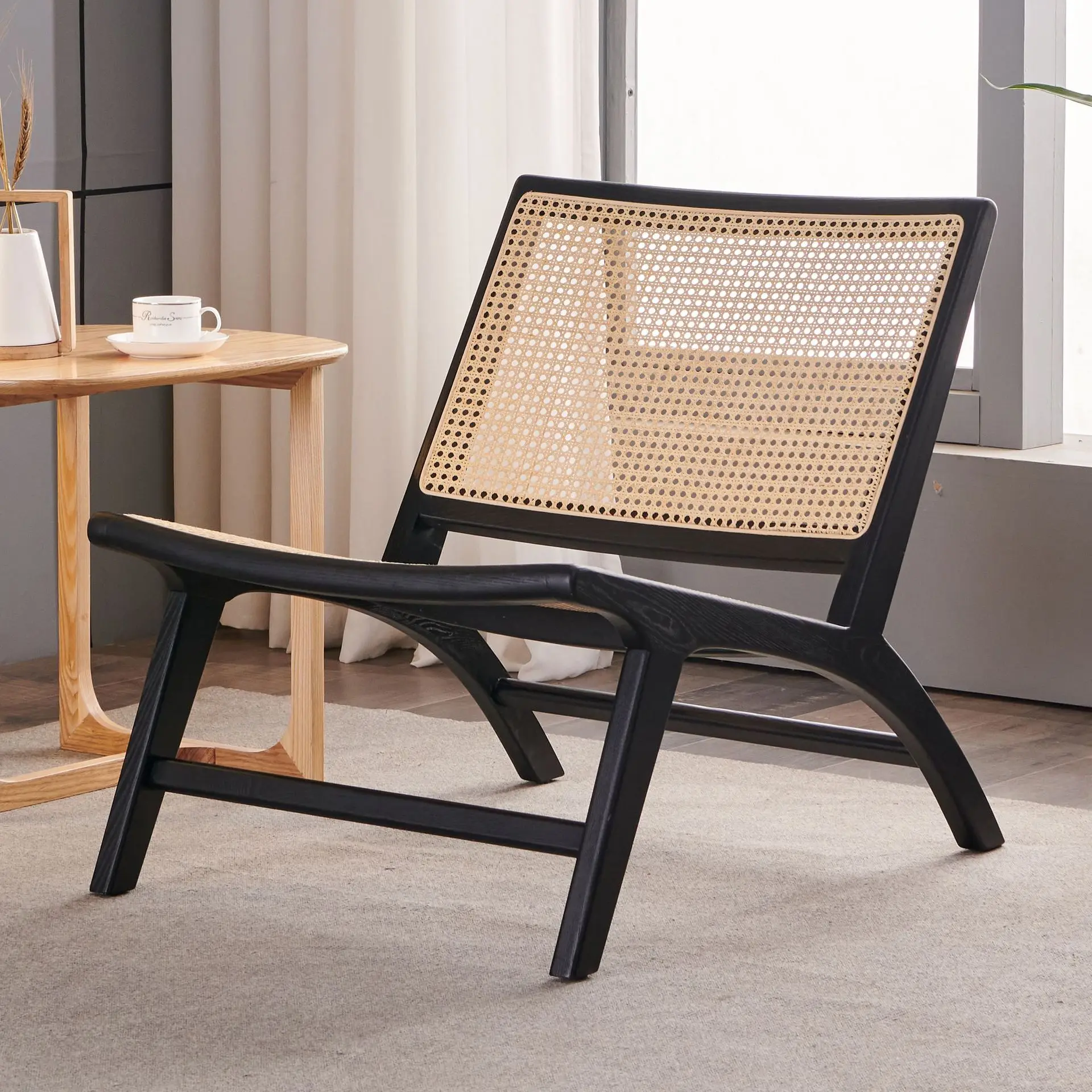 RW-001 Classic Europe Danish Vintage Low Black Wood Natural Rattan Cane Wicker Leisure Lounge Chair