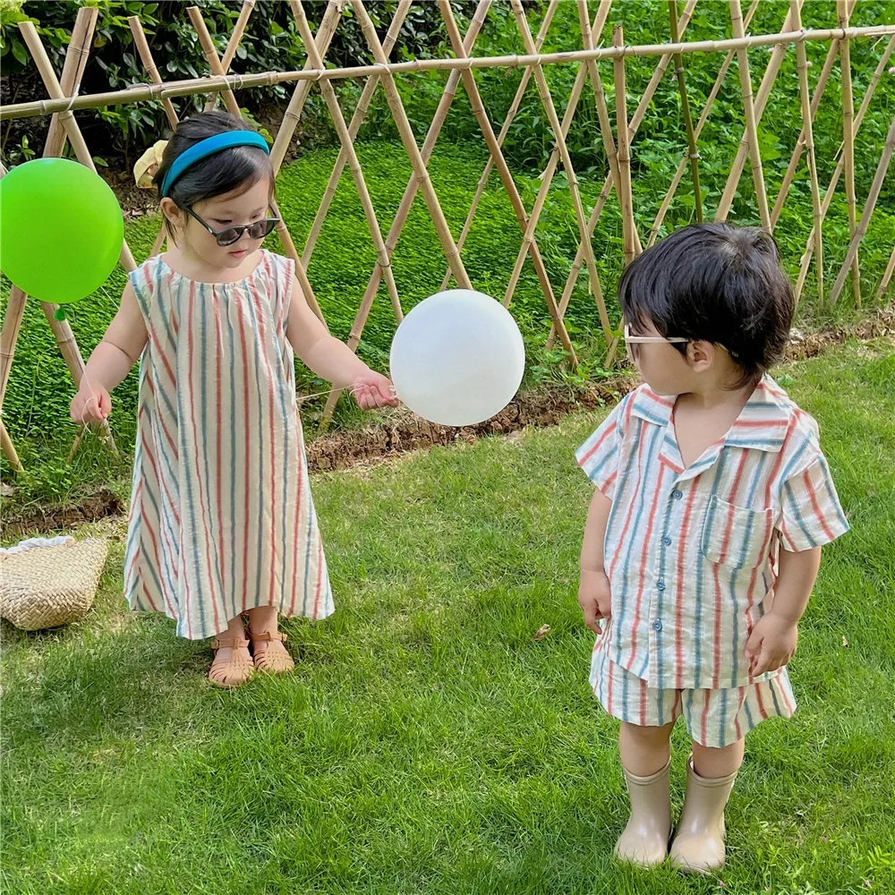 2024 summer Korean set striped striped sundress short-sleeved shorts two-piece sister-brother travel suit