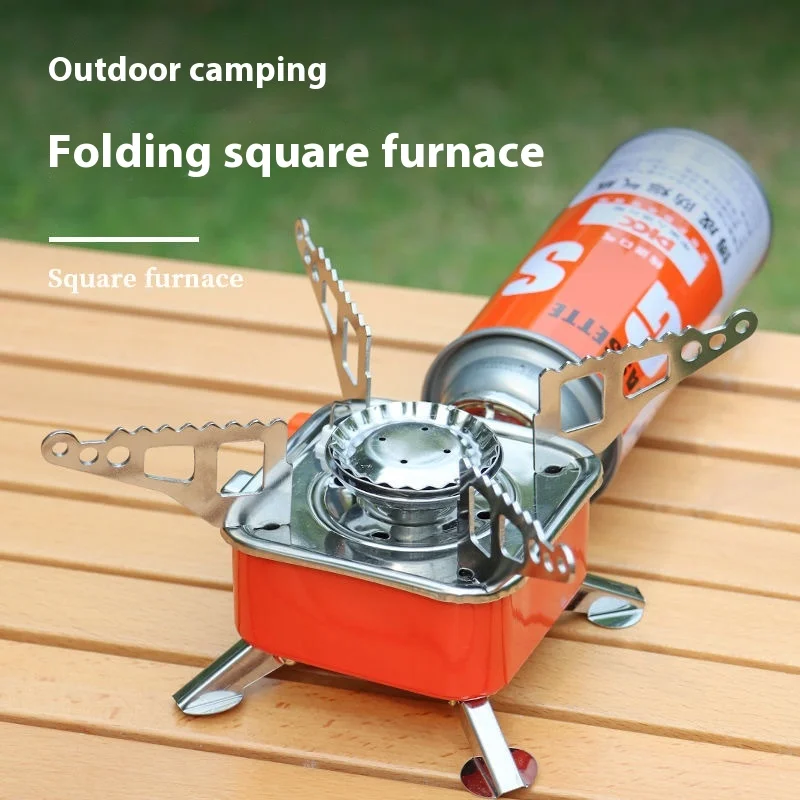 Portable Mini Square Outdoor Camping Stove Foldable Steel Gas Stove with Long Tank for Picnics and Water Boiler