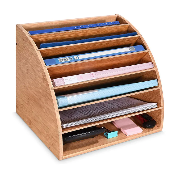 DIY 7 Slots Office Paper Sorter Large Bamboo Desk File Organizer Tray Document Storage Rack Mail Letter Magazine Folder Holder