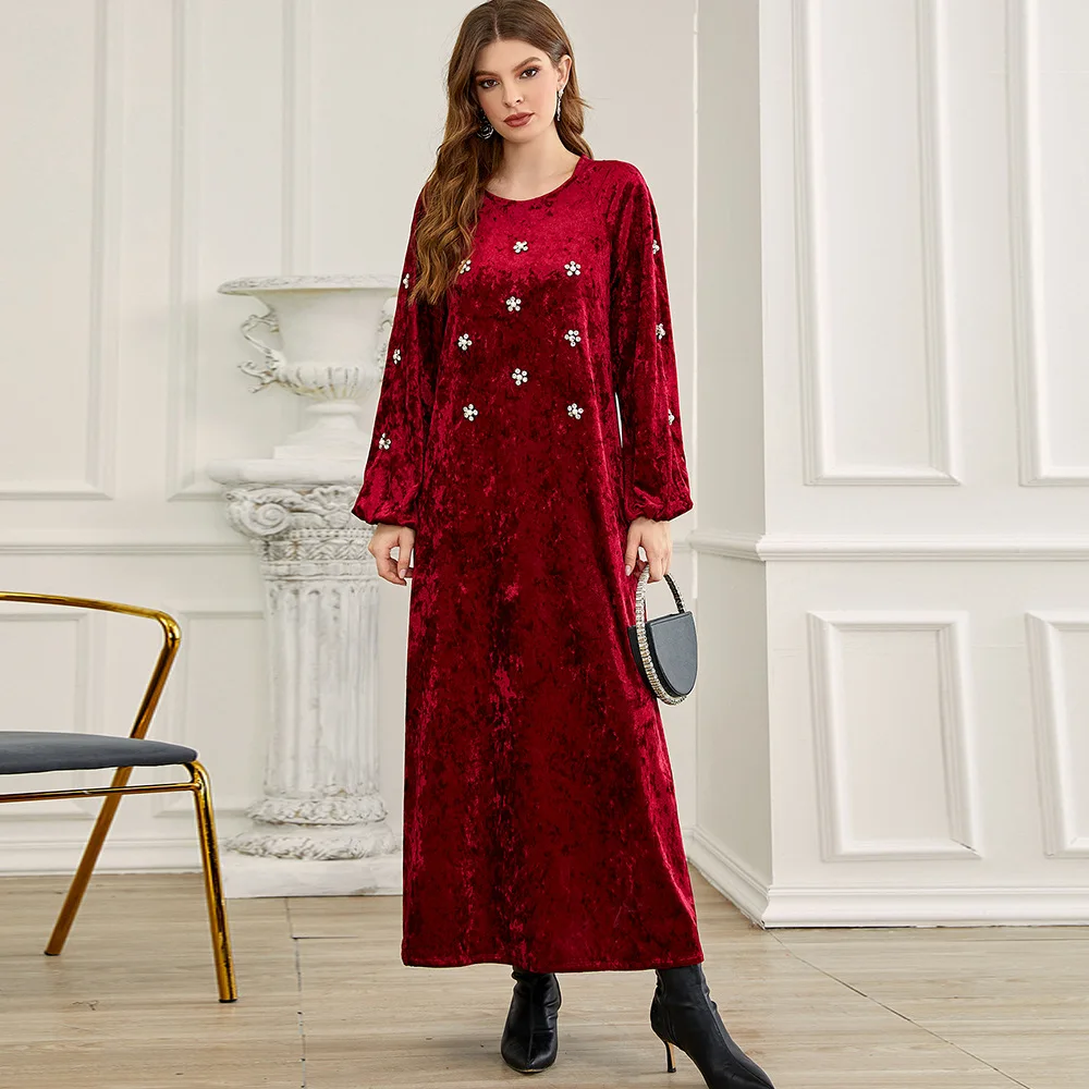 Dubai Tutkish Afghan Jibab Arab Kaftan Elegant Ladies Party Dress Ethnic Clothing Velvet Long Dress Abaya Maxi Muslim Women