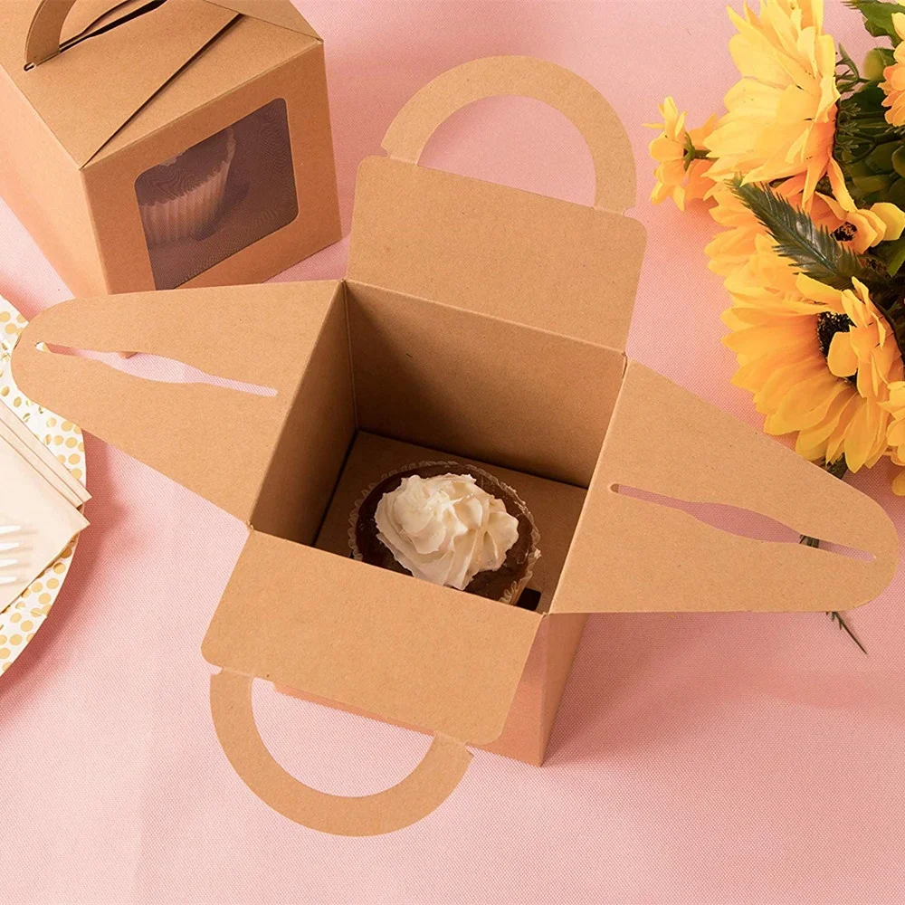 Kraft Paper Cupcake Boxes Single Bakery Box Packaging with Clear Display Window Insert and Handle Pastry Carrier Treat Boxes