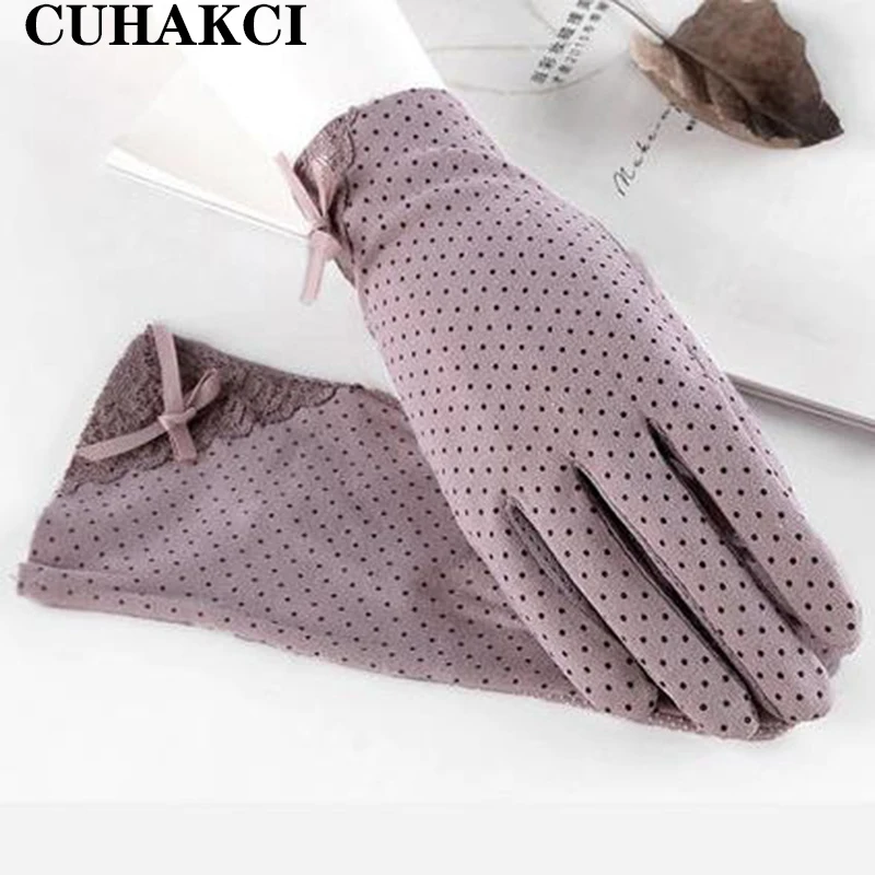 CUHAKCI Summer Women Dots Sun Uv Anti-UV Protection Gloves Breathable Bow Touch Screen Anti-skid Driving Full Finger Gloves