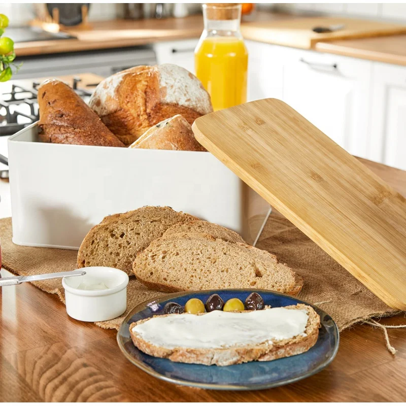 Food Safe Vintage Farmhouse Kitchen Countertop Storage Metal Bread Bin Tea Coffee Sugar Canister Set Bamboo Lid White Bread Box