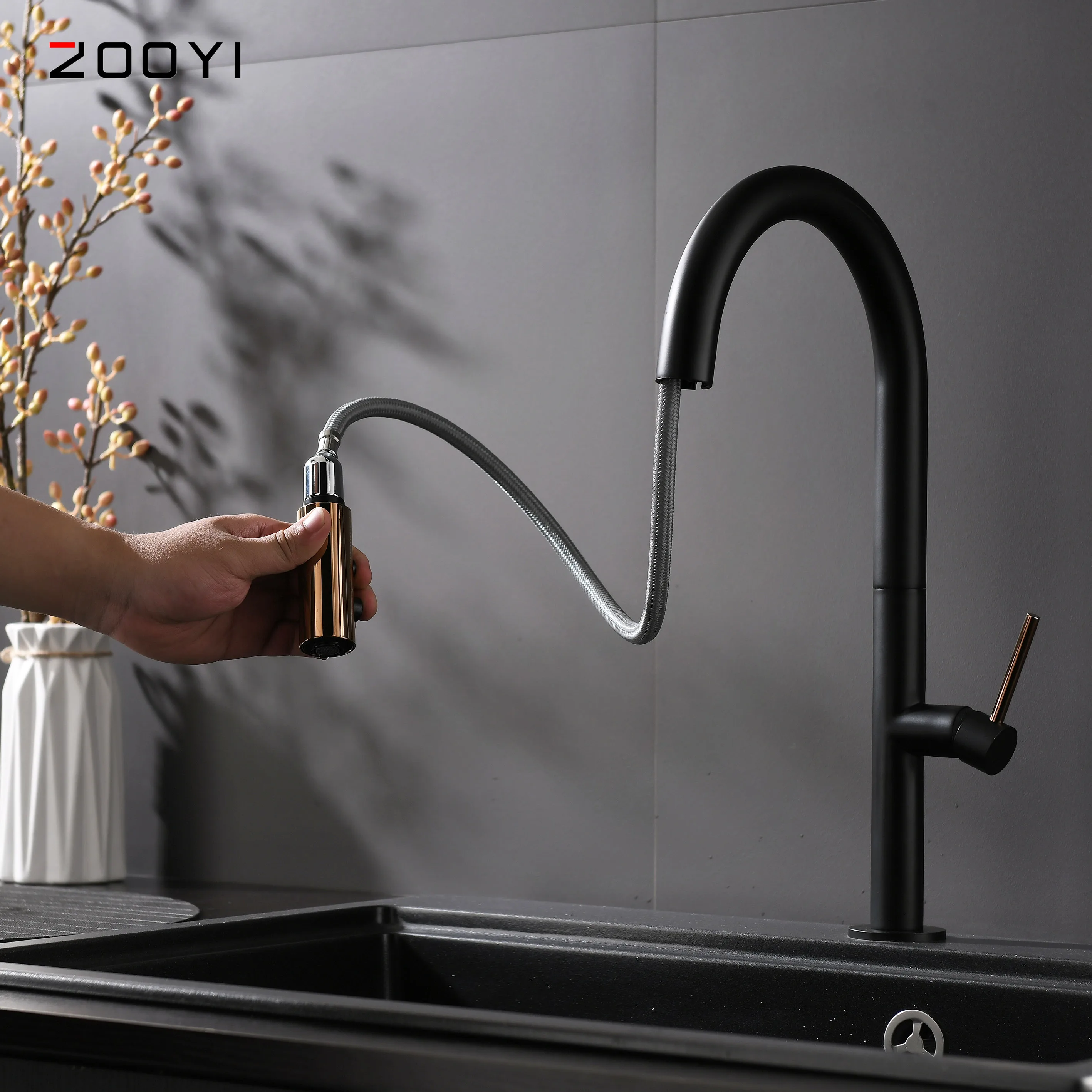 ZOOYI new designer white single handle brass pull out kitchen faucet sink with sprayer head