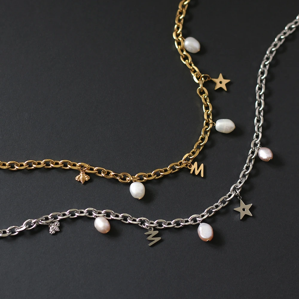 Stainless steel cute animal bee star charms Freshwater pearl chain Choker Short chain Street Europe stainless steel necklace