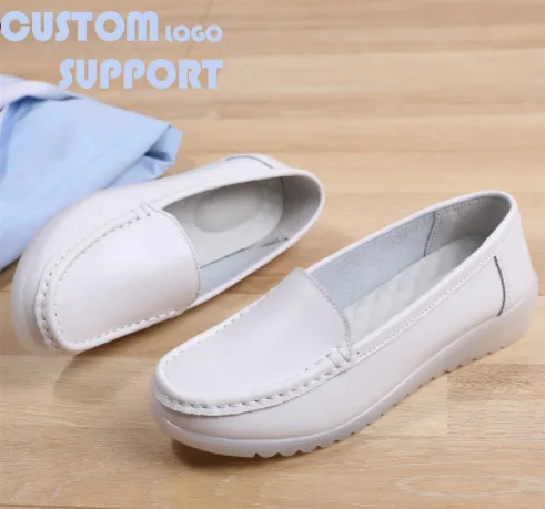 Cheap wholesale price women slip on genuine leather giovanni nurses white flat shoes nursing shoes