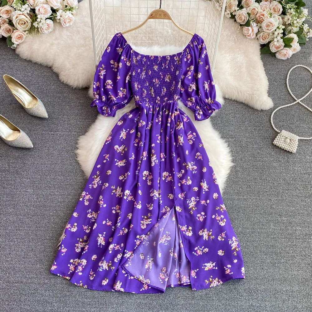 2023 Premium Summer New French Style Gentle Sweet Square Collar Puff Short Sleeve Tight Waist Slimming Slit A- Line Casual Dress