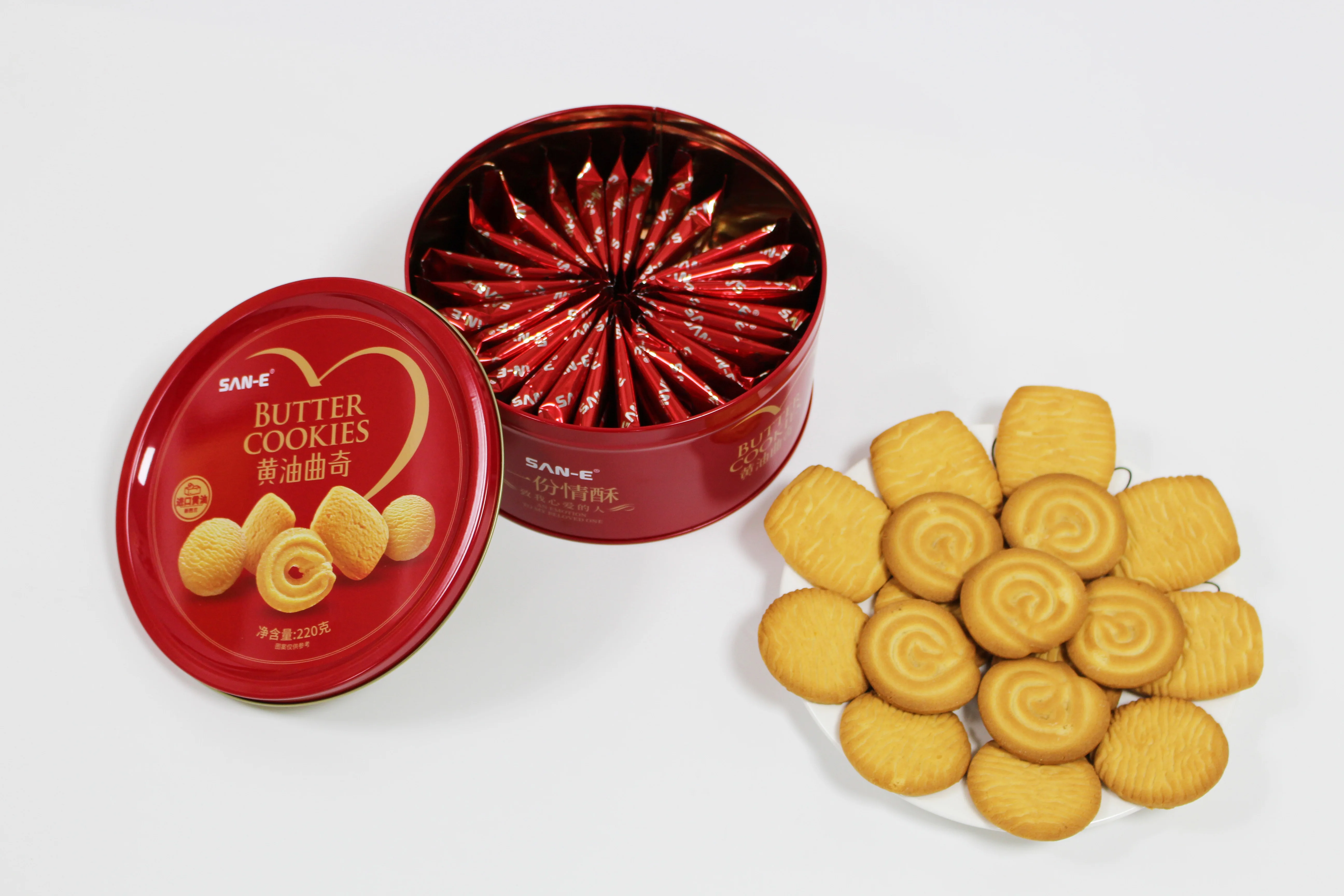 Wholesale 220g butter crackers snacks sweet crispy cookies and biscuits cookies tin can packaging for Party