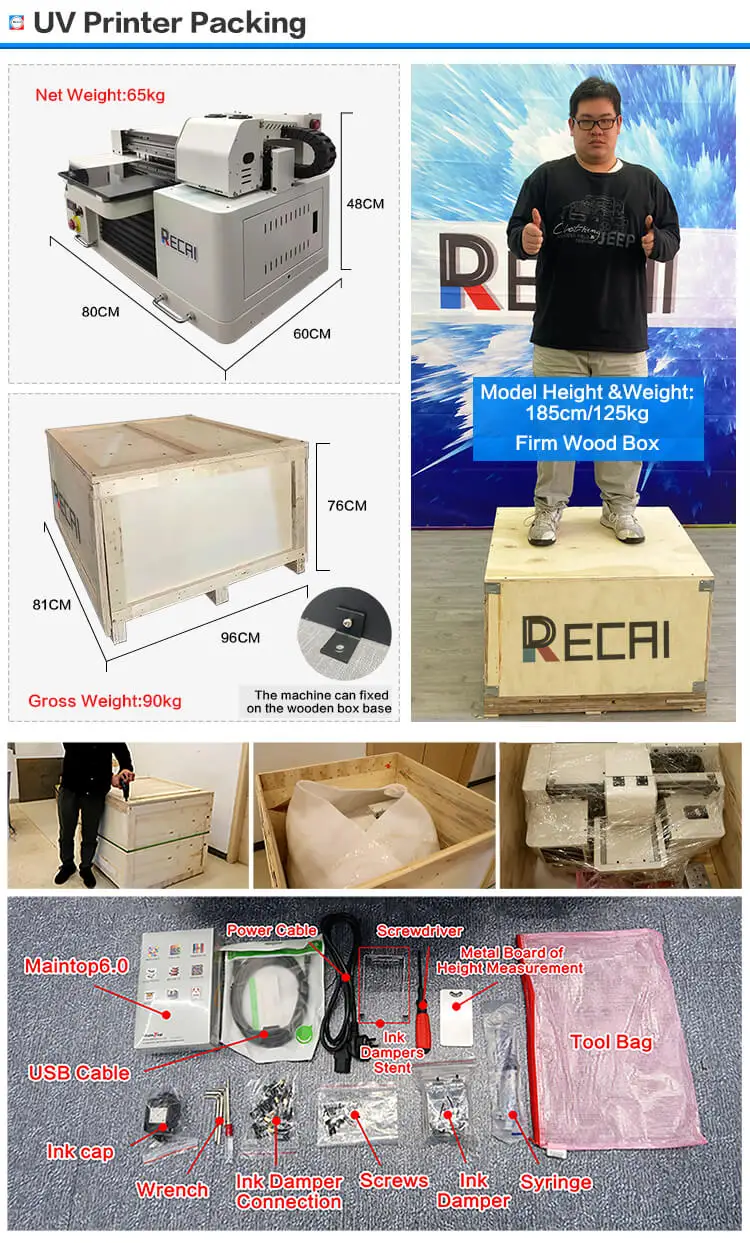 UV Printer Available In All Sizes RECAI A3/A4 1440DPI LED UV Flatbed Printer Wood Bottle PVC Canvas Ball Phone Case UV Printer