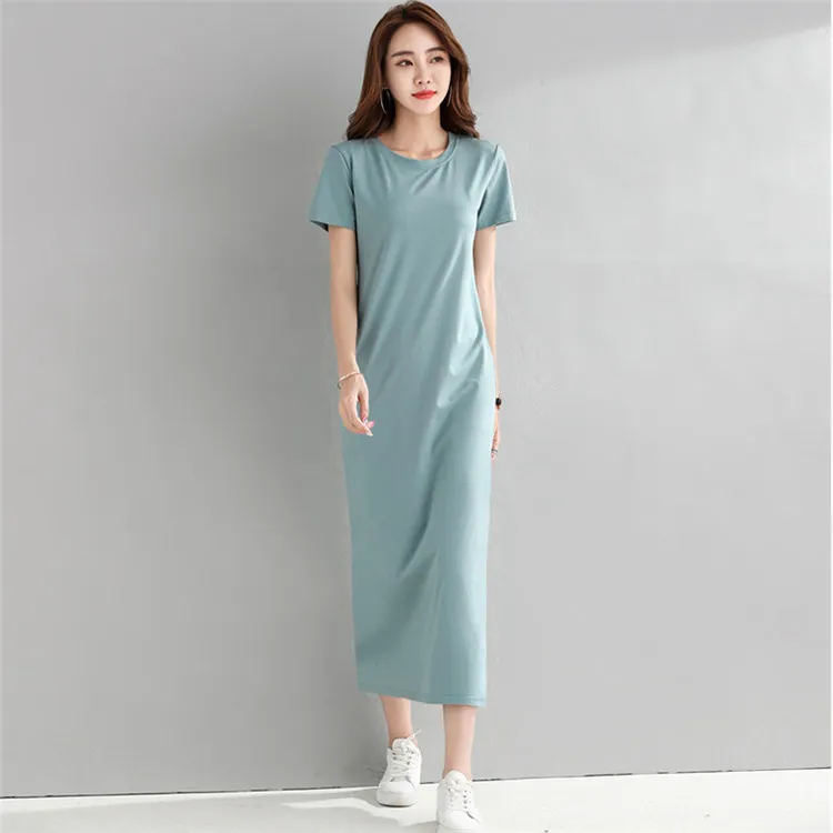 Factory  OEM Korean Summer Cotton Long T-Shirts Dress Casual Blank Soft Shirt Sleeve Baggy Split Maxi T Shirt Dresses For Women