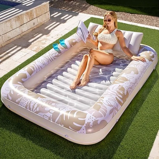Inflatable Tanning Pool Lounger Float 4 in 1 Sun Tan Tub Sunbathing Pool Lounge Raft Float Toys Water Filled Bed