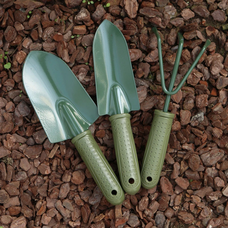 Morden style 3 pcs small gardening hand tool set threaded non-slip green plastic handle Iron shovel garden loosening tool
