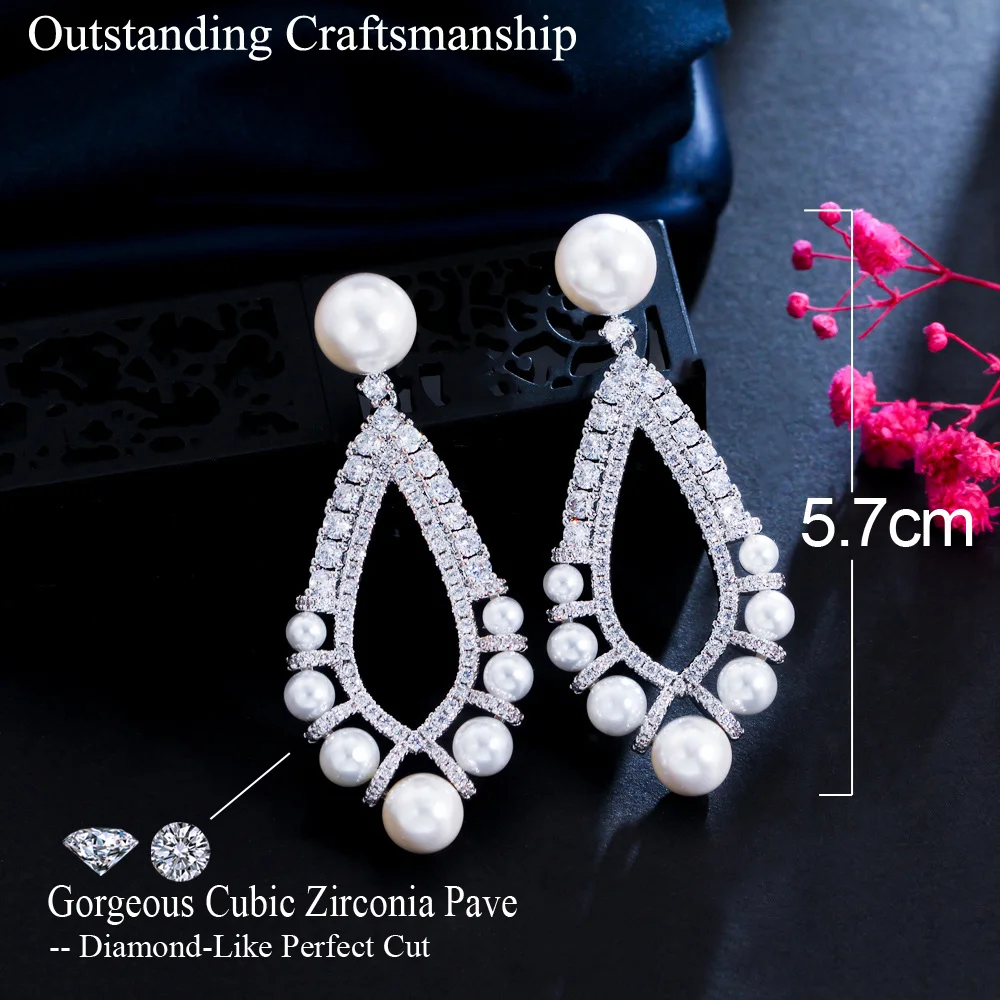 Elegant Top Quality Bright Silver Plated Cubic Zirconia Big Long Bead Pearl Wedding Drop Earrings for Brides Banquet Party
