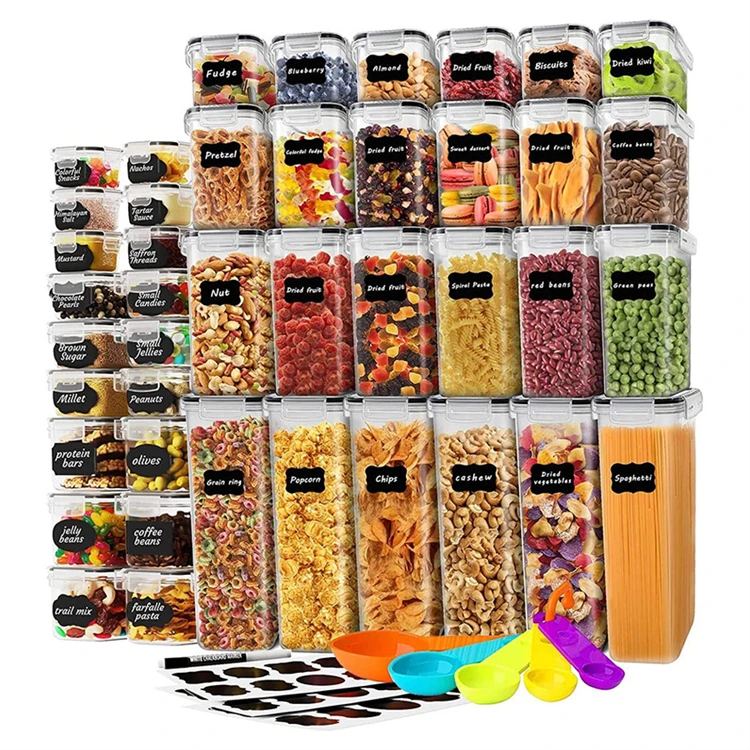 Modern Plastic Pasta and Tea Storage Box Set Transparent with Black Lid Rectangle Kitchen Storage Food Container