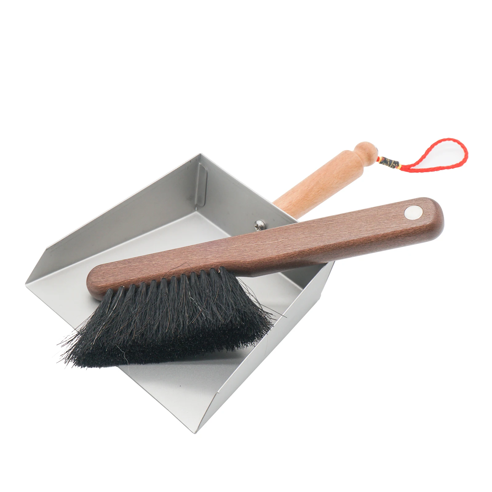 Handheld Comfort Grip metal Dustpan and Wooden Brush Set - Hand Broom with Swiss Natural Horsehair Bristles Compact Design