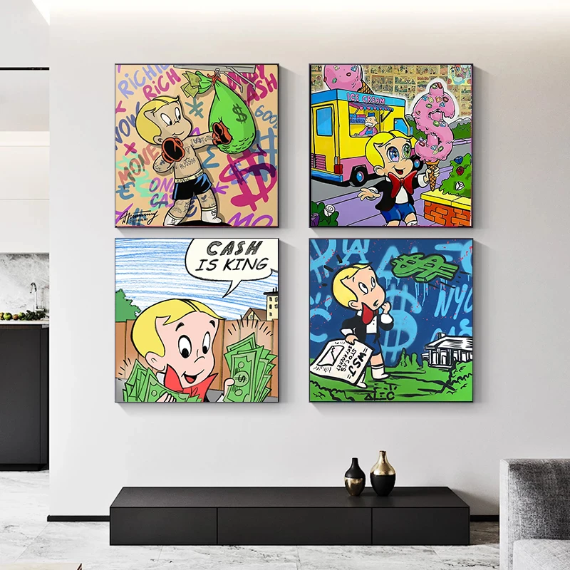 Funny Cartoon Cash is King Get Rich little Boy Wall Art Pictures For Home Decor Cuadros Living Room Decoration Canvas painting