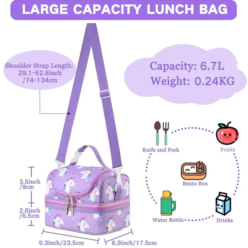 Сумка-тоут для еды для мальчиков и девочек, изолированные мини-кулеры с двумя отделениями, школьный Ланч-бокс с единорогом