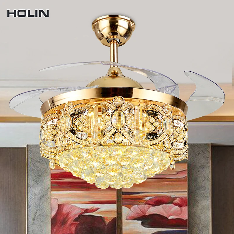 Luxury golden LED chandelier lighting remote control fancy pendant lamp home hotel modern crystal ceiling fan with light