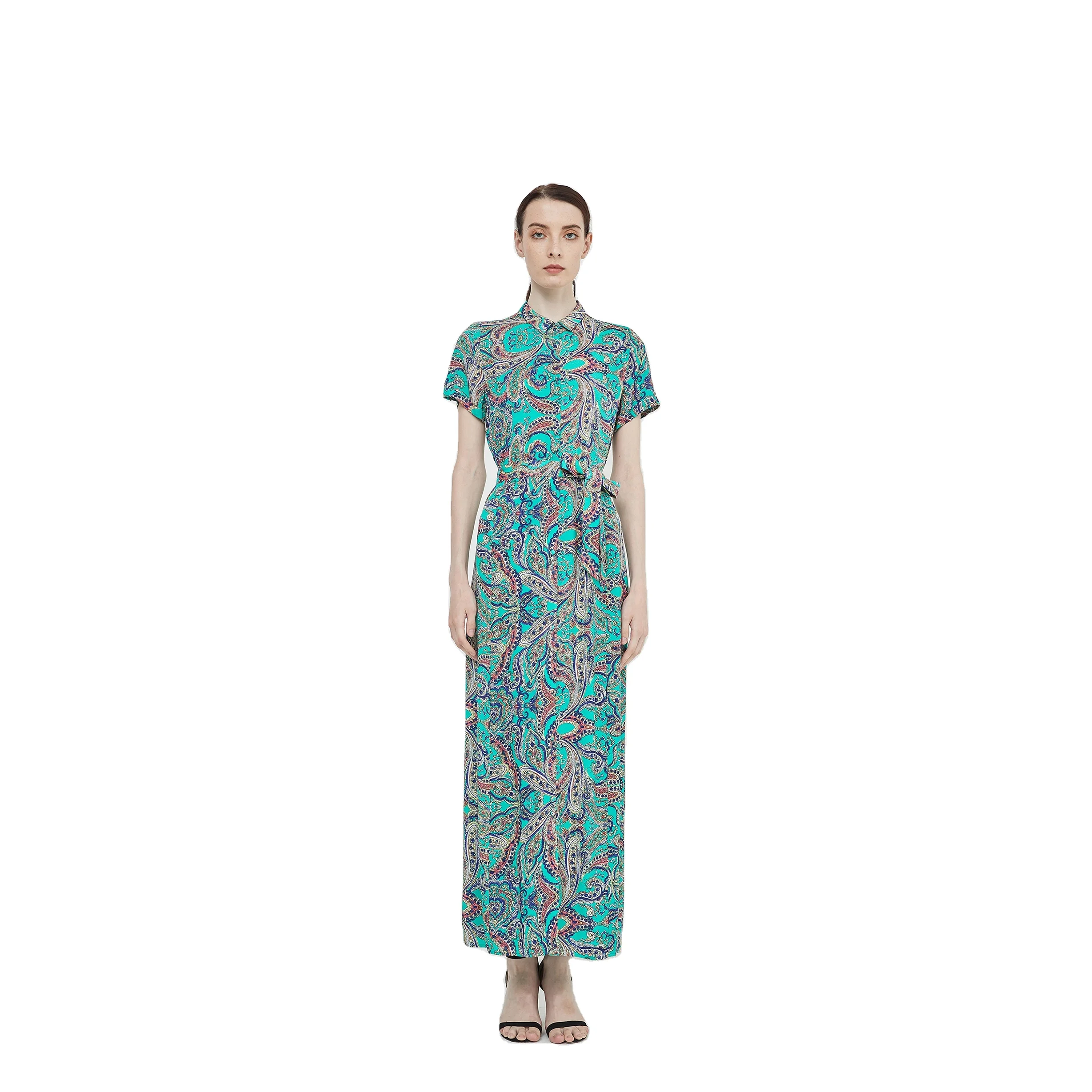High quality viscose paisley print with button placket and shirt collar maxi long dresses with self belt