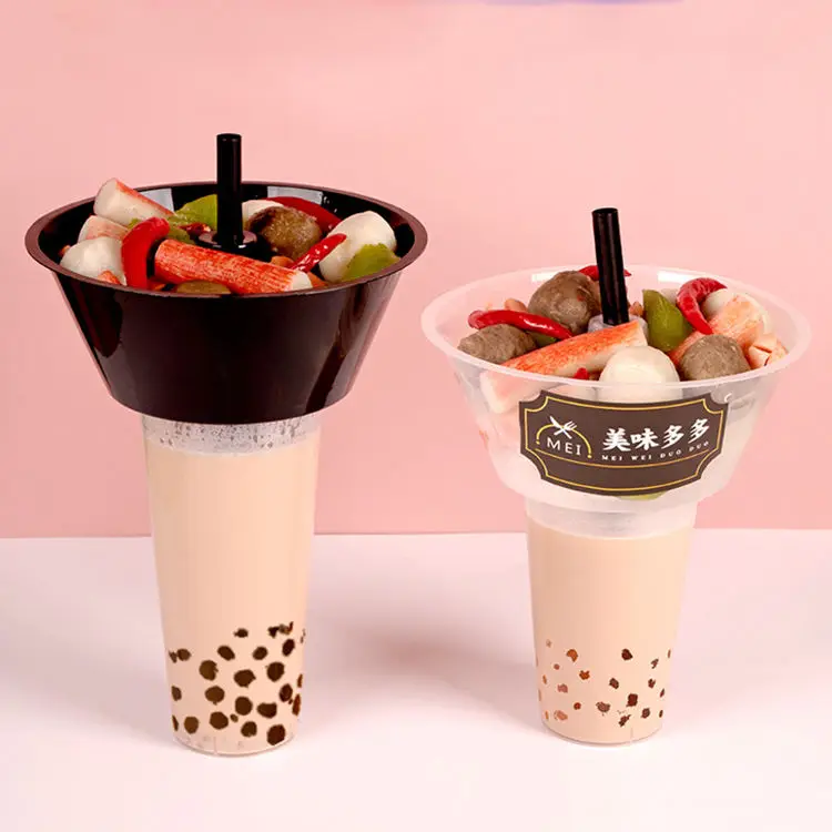 Factory  Popular Design Plastic Milk Tea Drinking Cups With Fruit Salad Snack Bowl Cup Plastic Injection Cup with Tray Holder