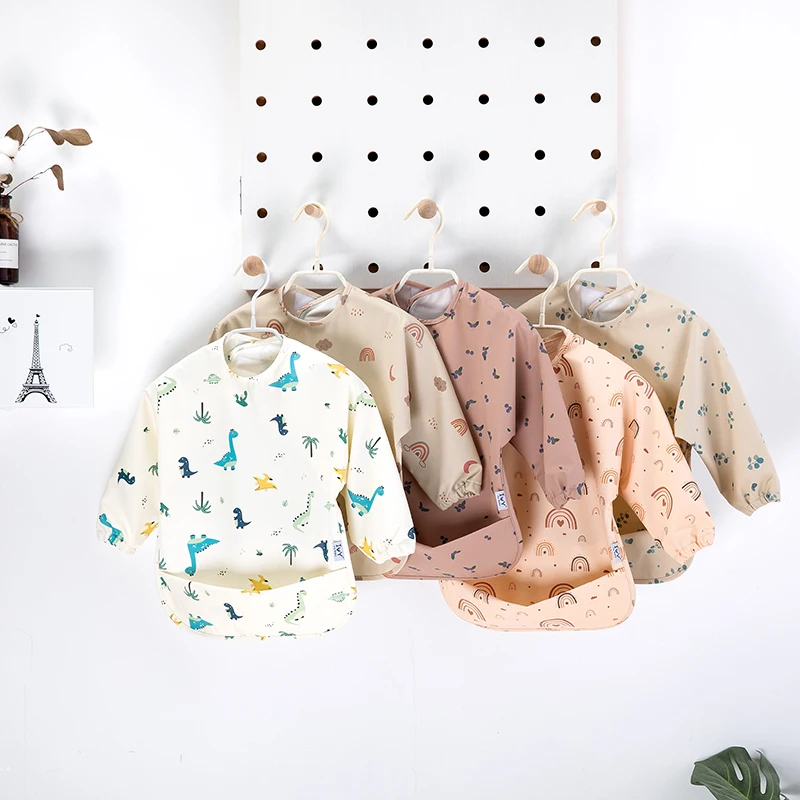 Long Sleeve PU Waterproof Toddler Baby Apron Feeding Bibs Clothes with Food Catcher
