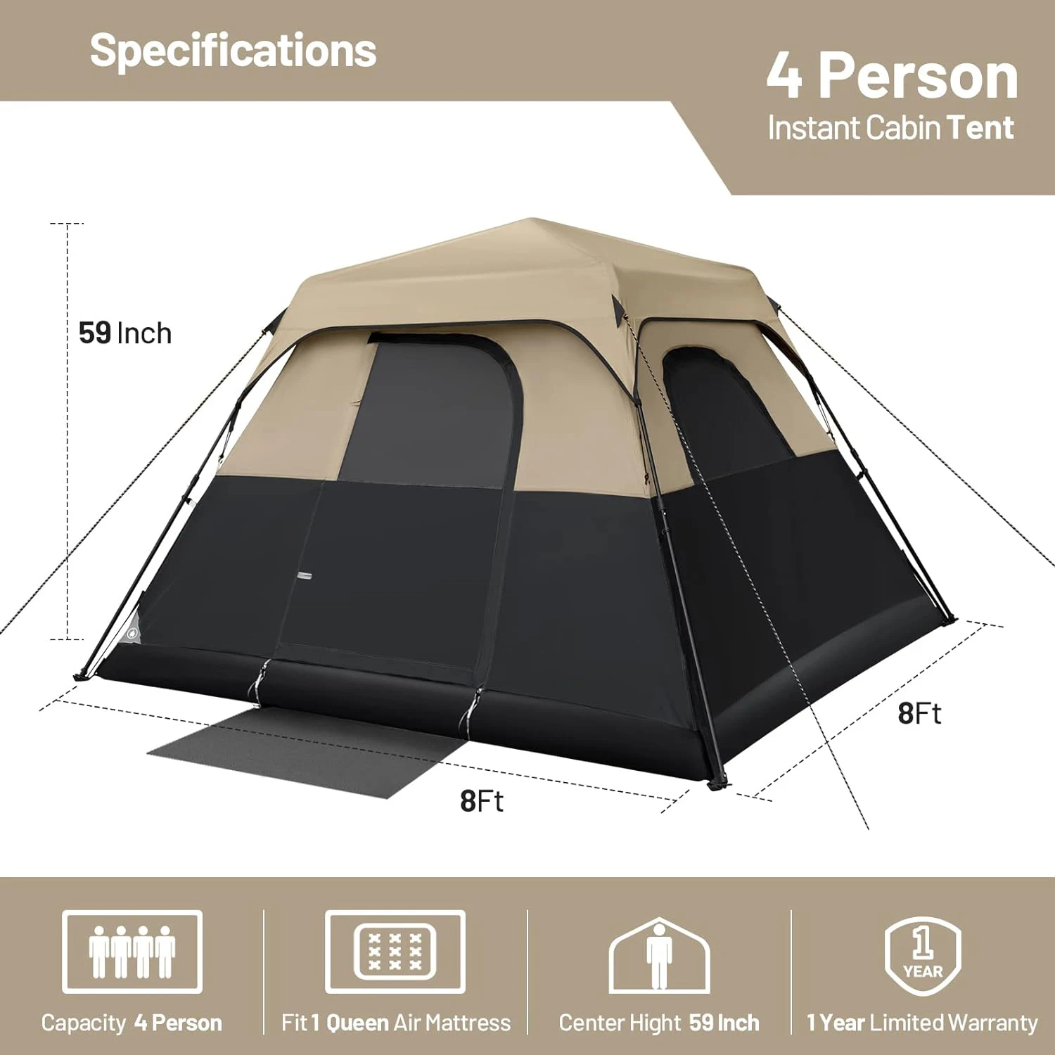 Instant Cabin Tent, 4 Person/6 Person Camping Tent Setup in 60 Seconds with Rainfly & Windproof Tent with Carry Bag