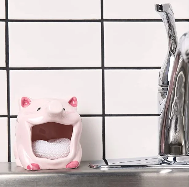 Ceramic Sponge Holder for Kitchen Sink - Kitchen Sponge Holder/Bathroom Soap Tray with Cute Pig Design dehua hengfei