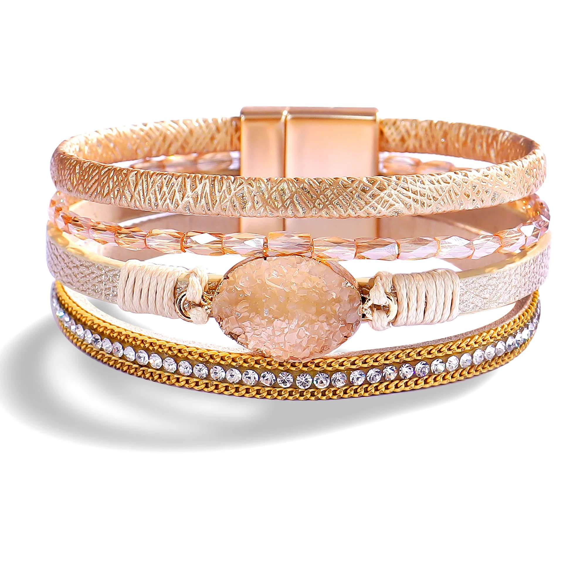 SC 2024 New Multi-Circle Zircon Leather Magnetic Buckle Bracelet Geometric Oval Crystal Leather Bracelets for Women