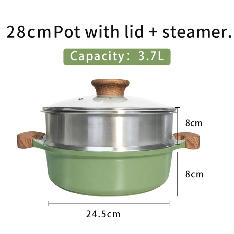 Aluminum Binaural Pots And Pans Kitchen Cooking Pot Set Cookware Maifanshi Stone Coated With Steamer And Glass Lid.