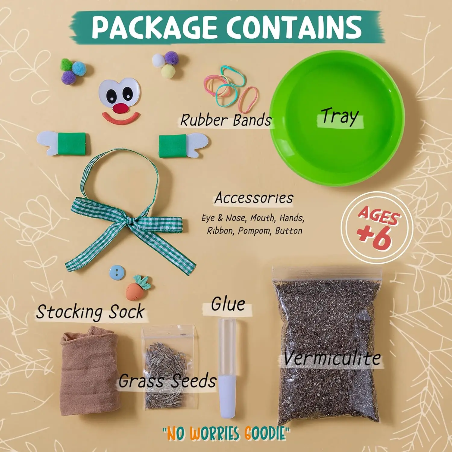 6 Eco Friendly DIY Grass Doll Growing Kit , Playdate  Activity, Party Favors, Craft and Art Gift for Kids