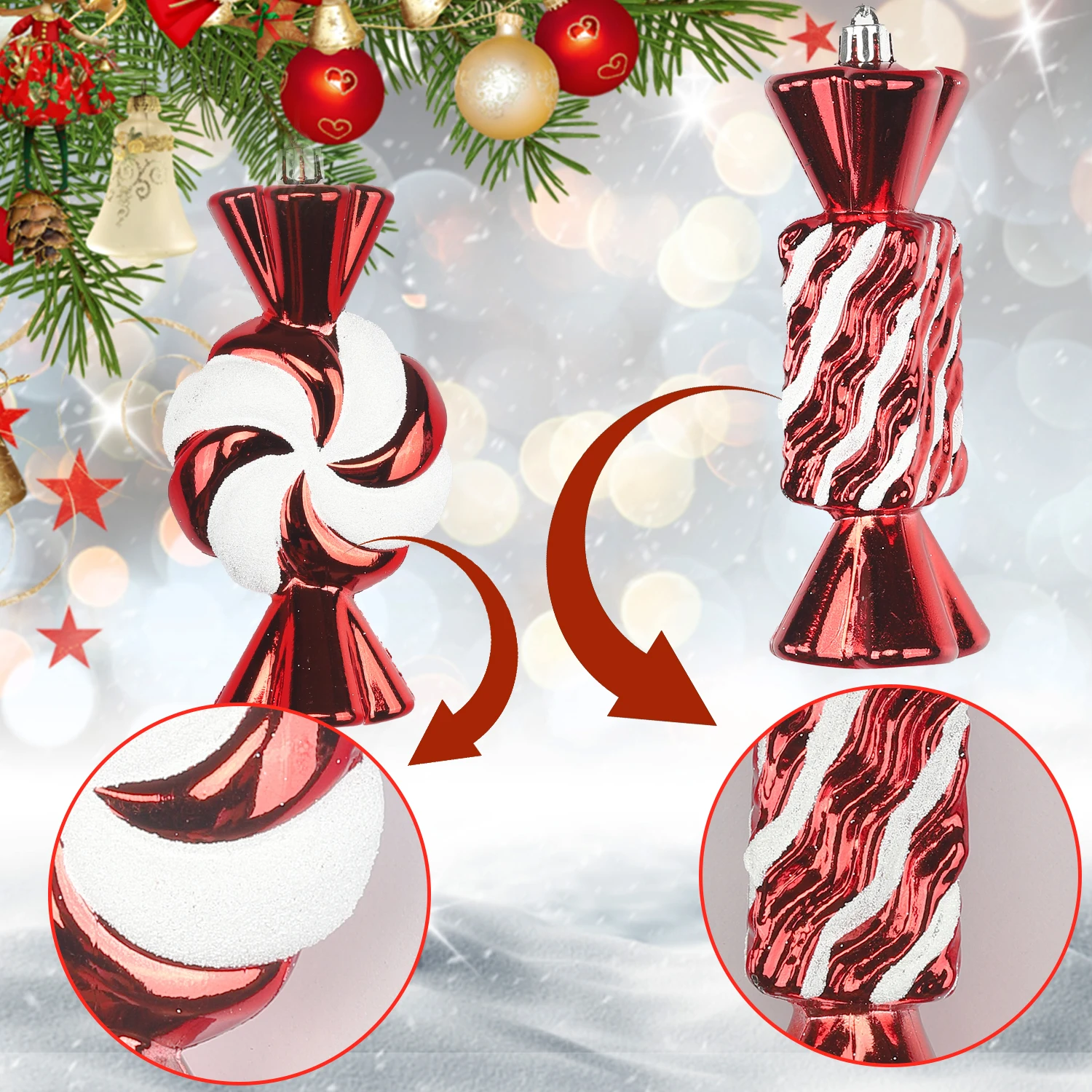 Hanging Glitter Candy Ornaments Christmas Tree Candy Peppermint Ornaments with Golden Ropes for Xmas Party Home Decorations