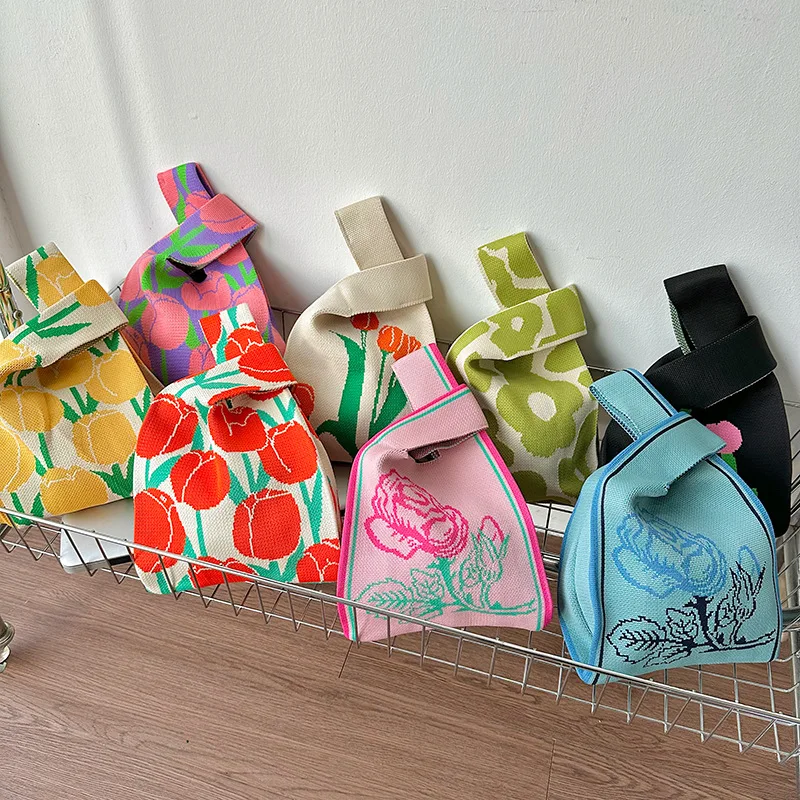 Japanese Knot Wristlet Bag Mini Floral Knitting Crochet Tote Bag Knitted Handbag for Women