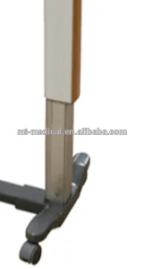 Height adjustable hospital equipment overbed table with wheels